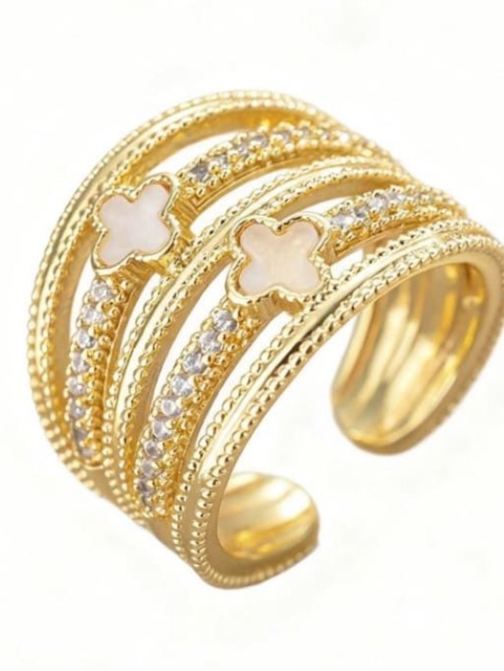 Gold Open Band Ring with White Mother-of-Pearl Clover Accents